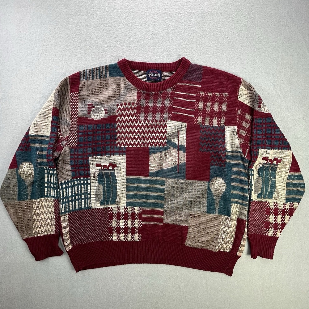 Vintage Pine State Patchwork Golf Cardigan Sweater Men's Large Preppy Grandpa